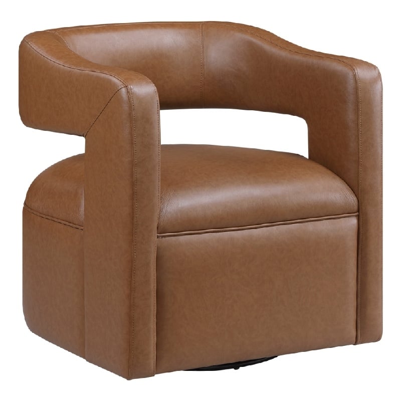 Cera Swivel Chair- Barrel Back- Camel Brown Faux Leather Upholstery