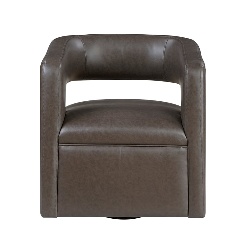 Cera Swivel Chair- Barrel Back- Coffee Brown Faux Leather Upholstery