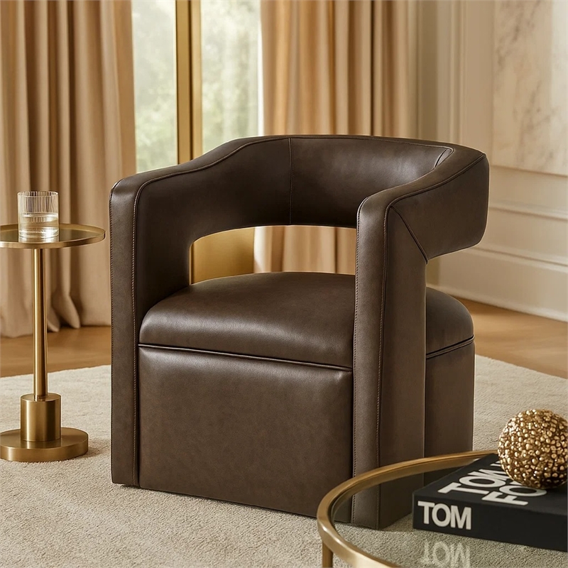 Cera Swivel Chair- Barrel Back- Coffee Brown Faux Leather Upholstery