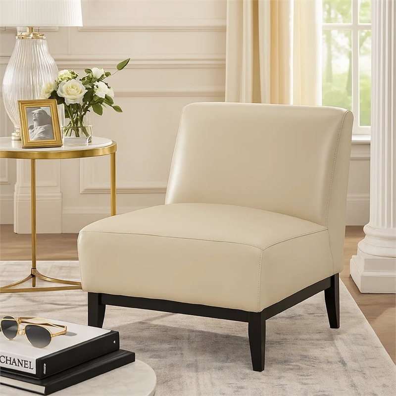 Hoy Accent Chair- Beige Top Grain Leather- Black Solid Wood Legs