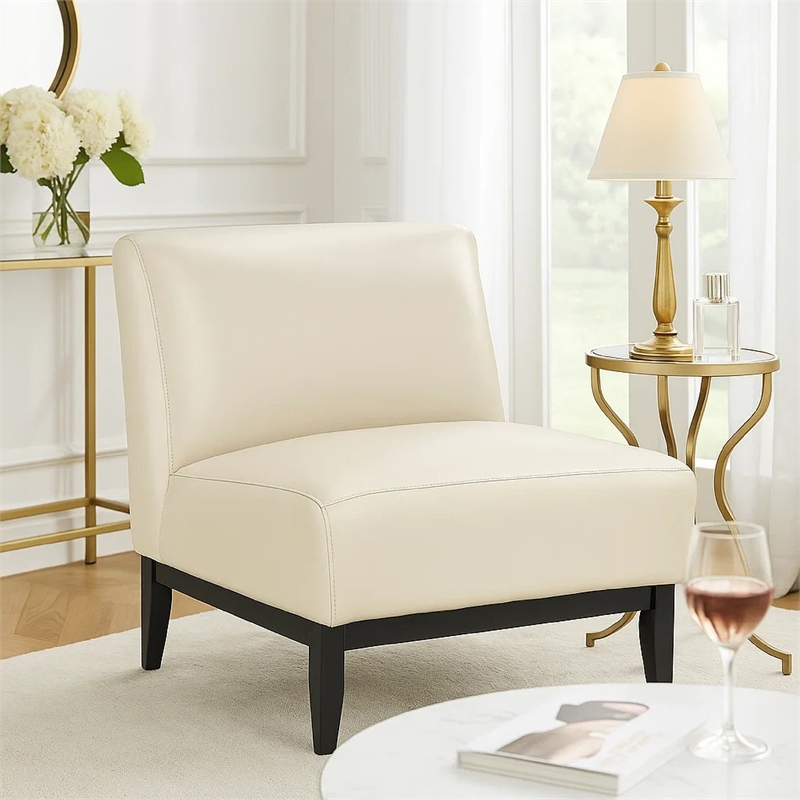 Hoy Accent Chair- Beige Top Grain Leather- Black Solid Wood Legs