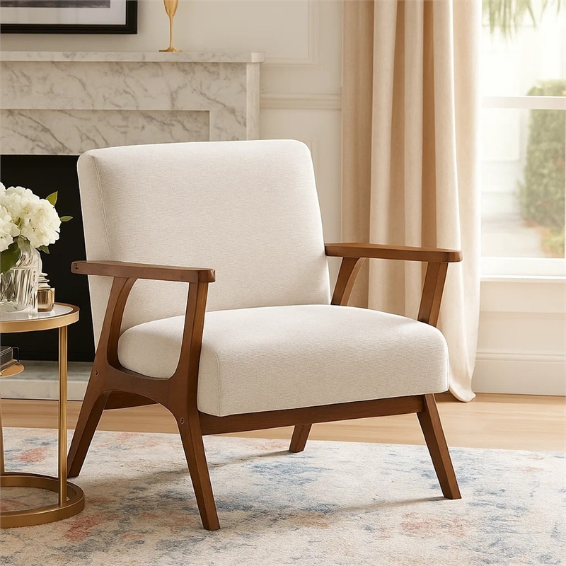 Ary Armchair- Beige Chenille Cushion- Chestnut Brown Solid Rubberwood