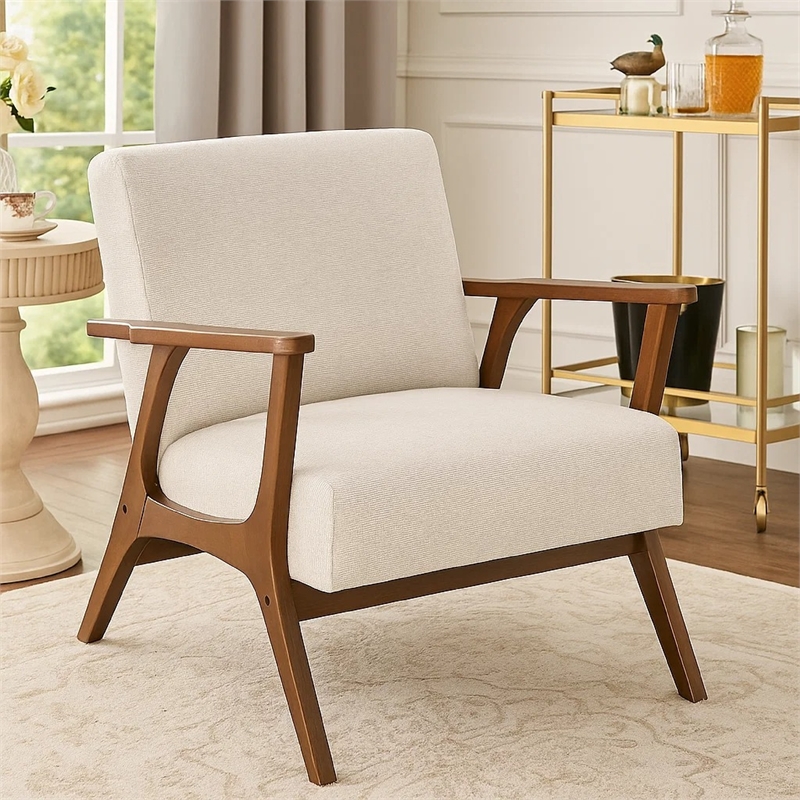 Ary Armchair- Beige Chenille Cushion- Chestnut Brown Solid Rubberwood