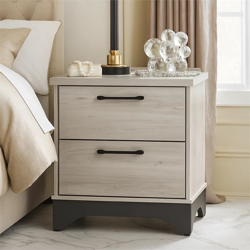 Wly Nightstand- 2 Drawers with Wide Black Handles- White Oak & Gray