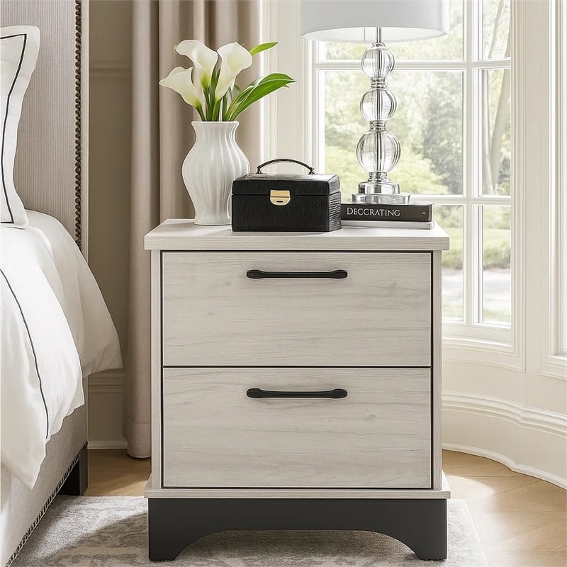 Wly Nightstand- 2 Drawers with Wide Black Handles- White Oak & Gray