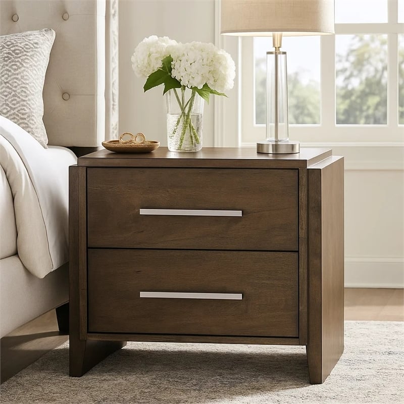 Ema Nightstand- 2 Drawers with Chrome Handles- Dark Walnut Brown