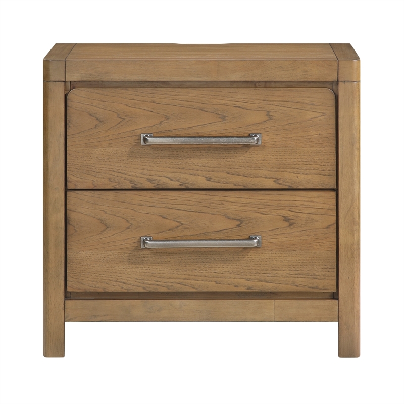 Cery Nightstand- 2 Drawer with Pewter Bar Handles & USB C Port- Brown