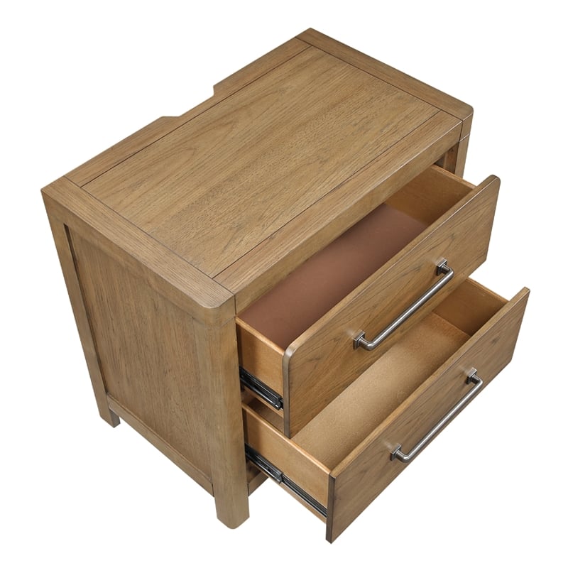 Cery Nightstand- 2 Drawer with Pewter Bar Handles & USB C Port- Brown