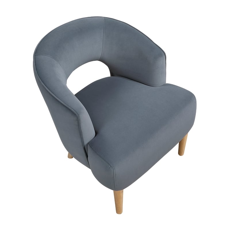 Dora Accent Chair- Open Barrel Back- Dark Gray Velvet- Light Brown Legs