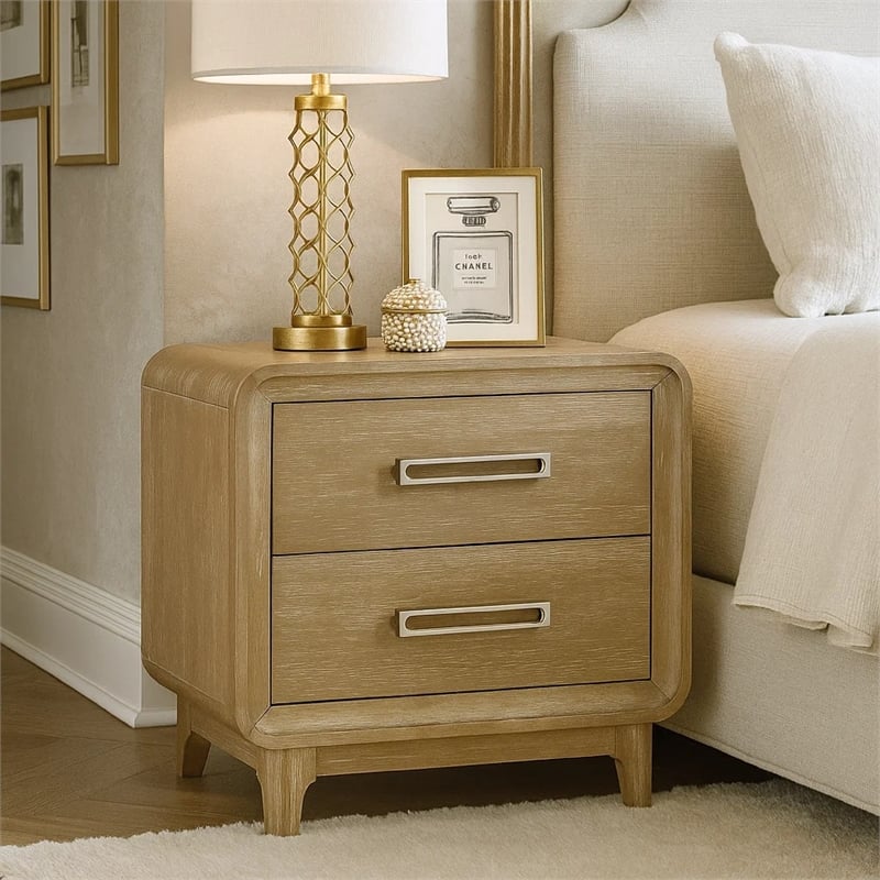 Wily Retro Nightstand- 2 Drawers with Nickel Bar Handles- Natural Brown