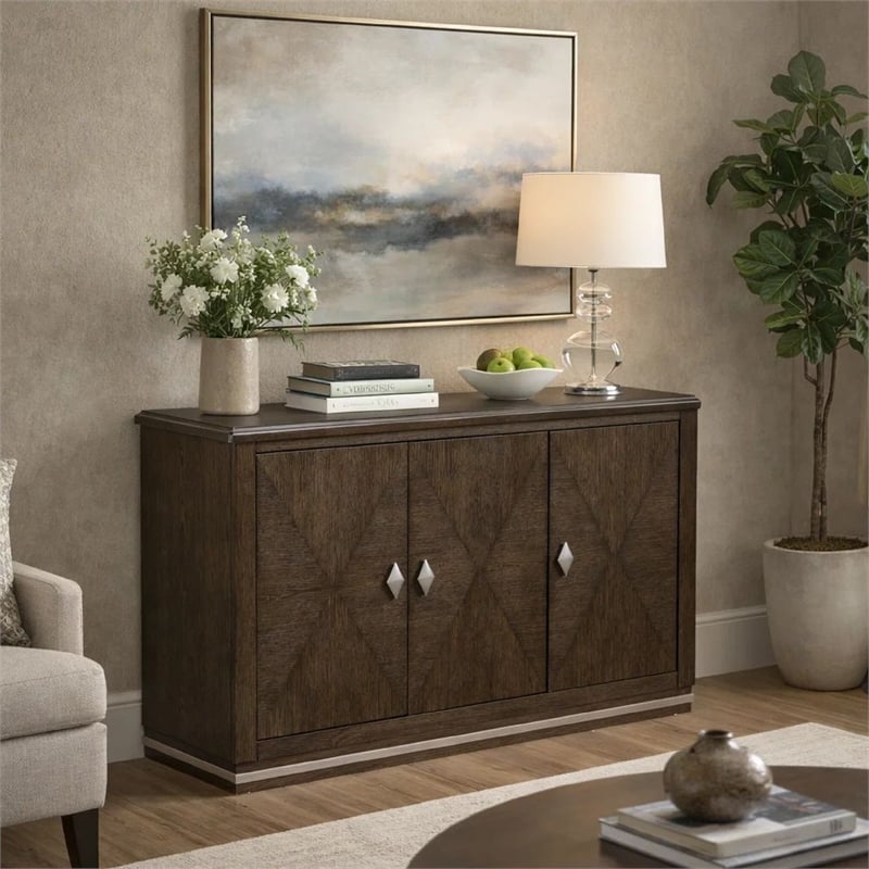 Lecy Sideboard Buffet Console- 56 Inch- 3 Cabinets w Adjustable Shelves- Brown