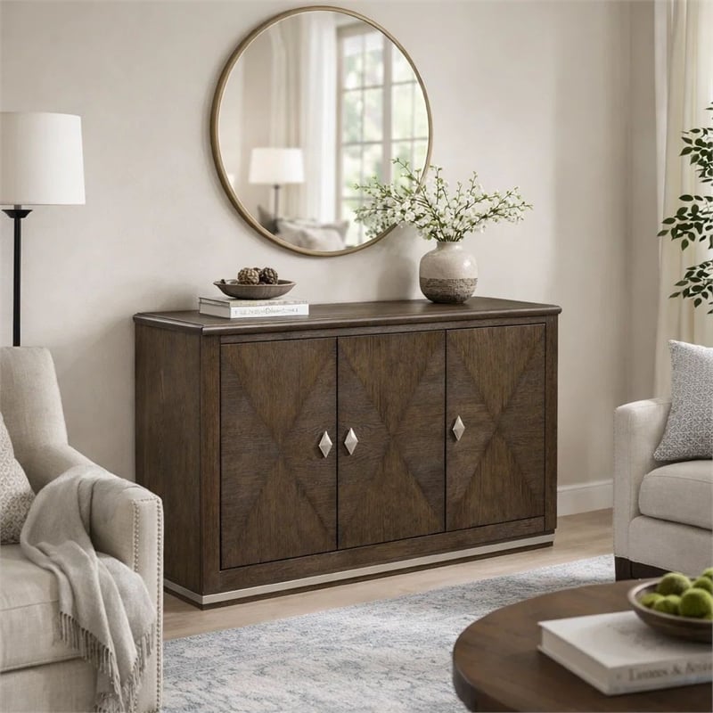 Lecy Sideboard Buffet Console- 56 Inch- 3 Cabinets w Adjustable Shelves- Brown