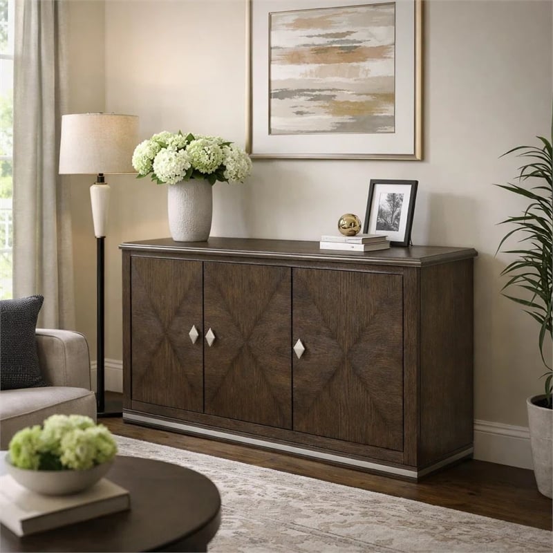 Lecy Sideboard Buffet Console- 56 Inch- 3 Cabinets w Adjustable Shelves- Brown