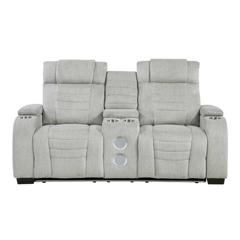 Reny Manual Reclining Loveseat w Center Console- LED Base- Light Gray