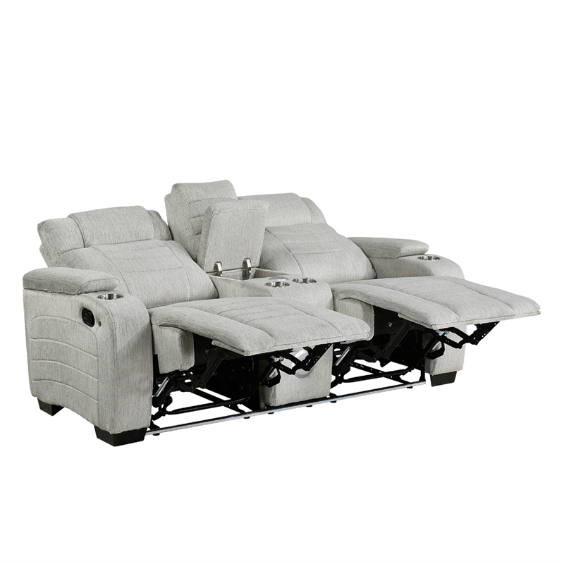 Reny Manual Reclining Loveseat w Center Console- LED Base- Light Gray