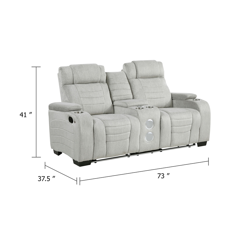 Reny Manual Reclining Loveseat w Center Console- LED Base- Light Gray