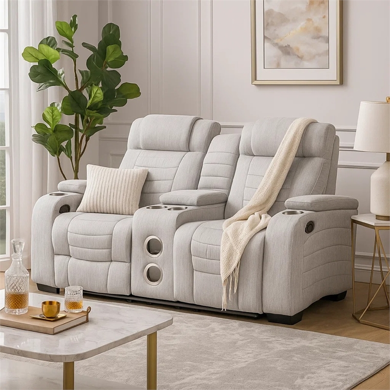Reny Manual Reclining Loveseat w Center Console- LED Base- Light Gray