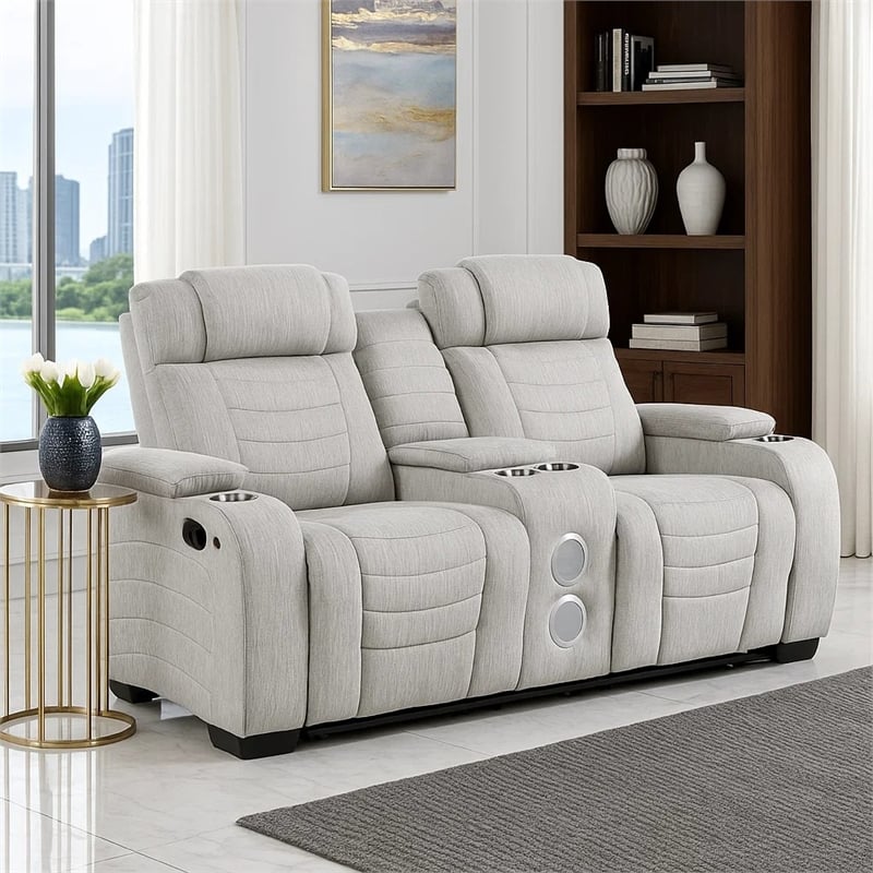Reny Manual Reclining Loveseat w Center Console- LED Base- Light Gray