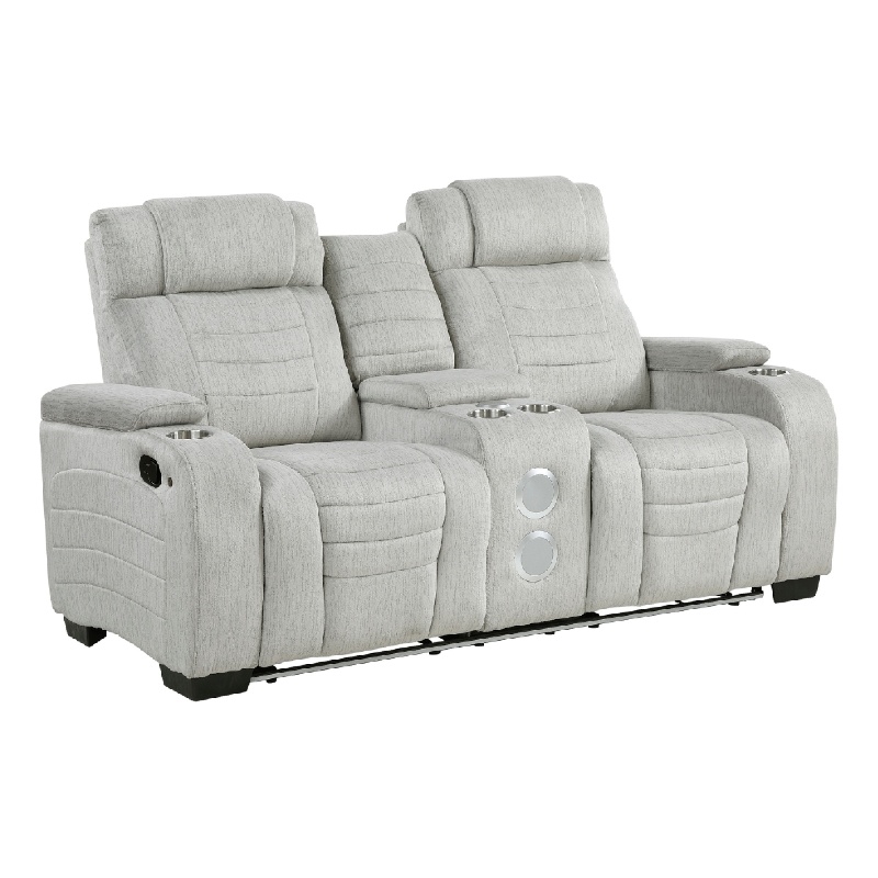 Reny Manual Reclining Loveseat w Center Console- LED Base- Light Gray
