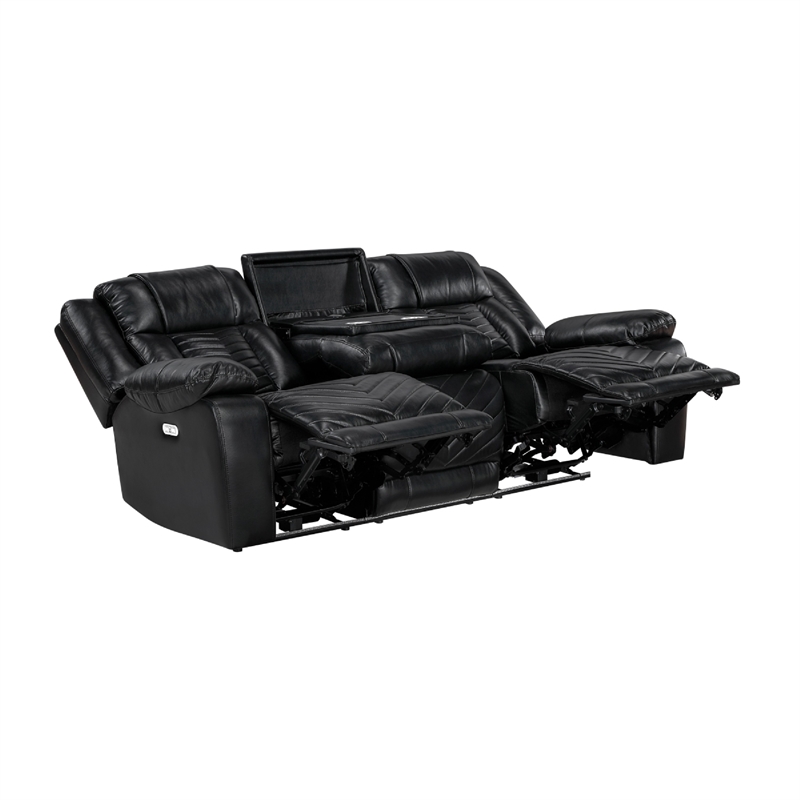 Hem Power Reclining Sofa w Drop Down Cupholders- Black Faux Leather