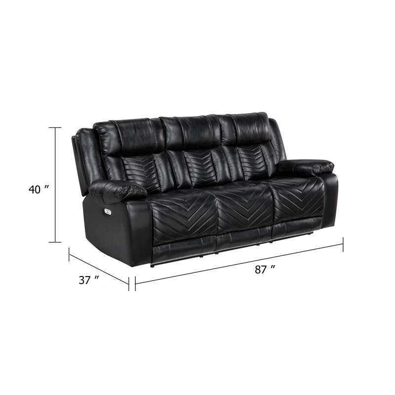 Hem Power Reclining Sofa w Drop Down Cupholders- Black Faux Leather