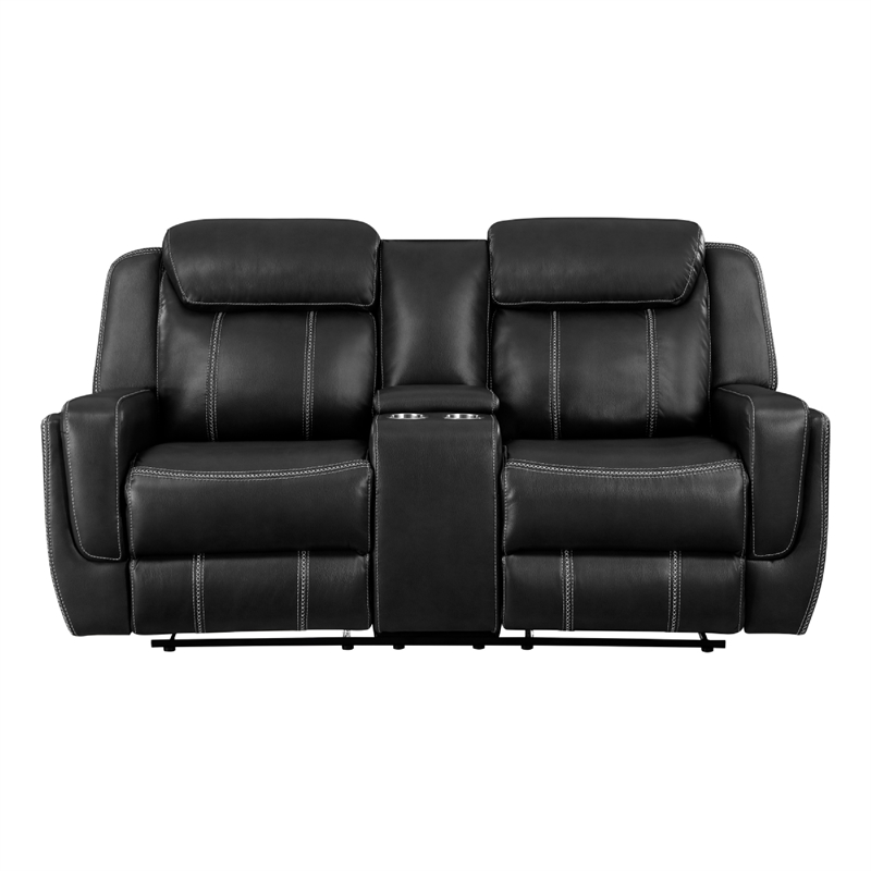 Lety Manual Reclining Loveseat w Center Console- Black Faux Leather