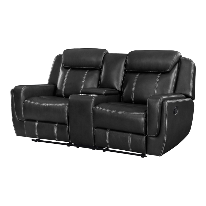 Lety Manual Reclining Loveseat w Center Console- Black Faux Leather