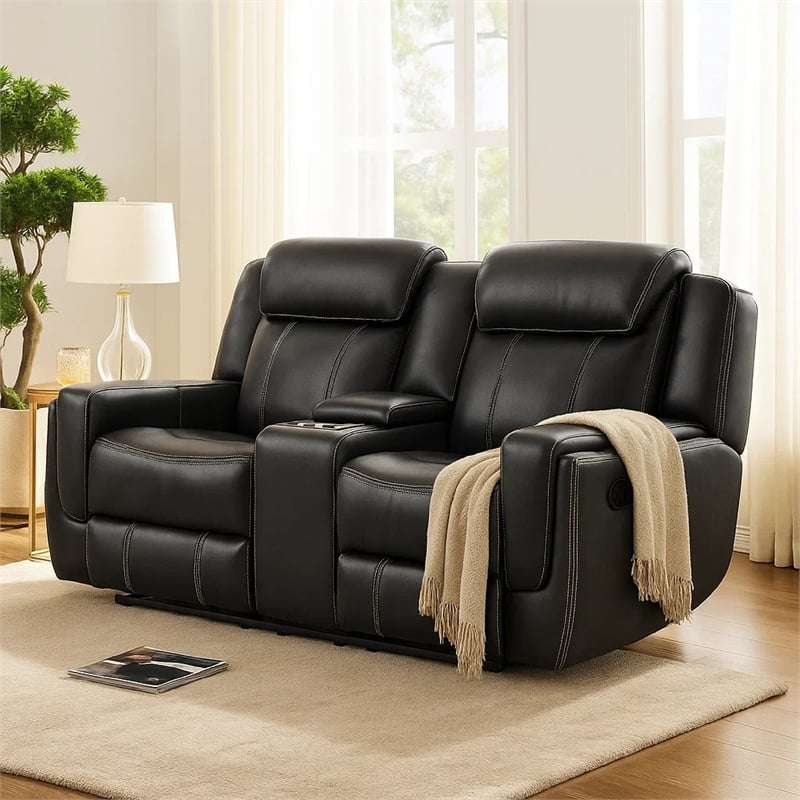 Lety Manual Reclining Loveseat w Center Console- Black Faux Leather
