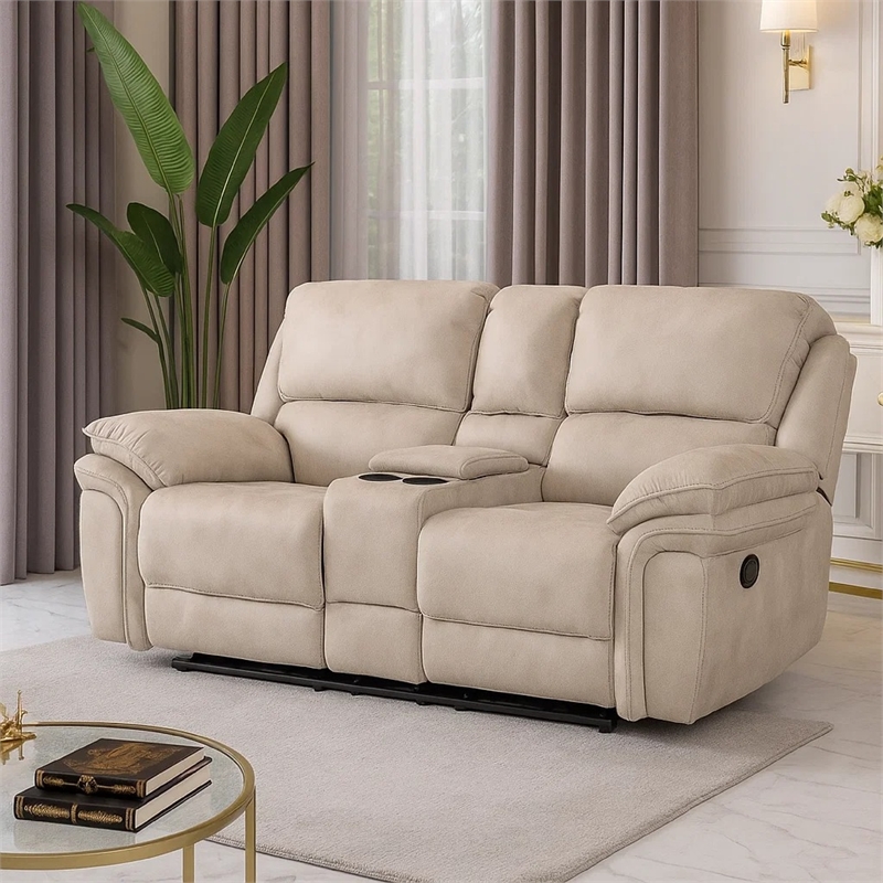 Tony Manual Reclining Loveseat w Center Console- USB Ports- Sand Brown