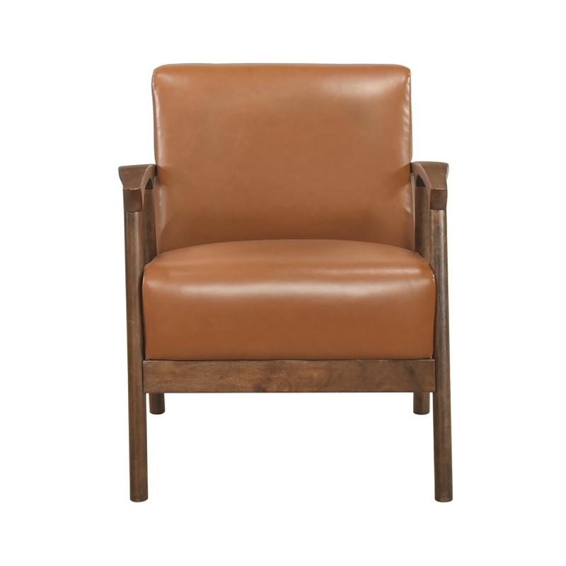Eva Accent Chair- Foam Fill Cushions- Brown Faux Leather and Wood Frame