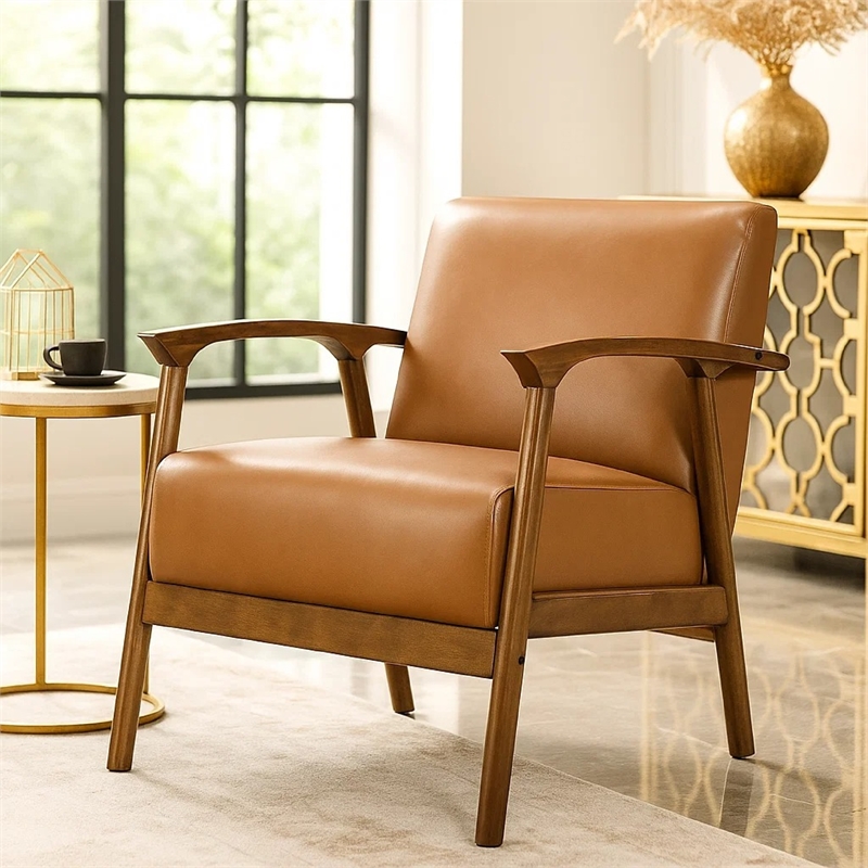 Eva Accent Chair- Foam Fill Cushions- Brown Faux Leather and Wood Frame