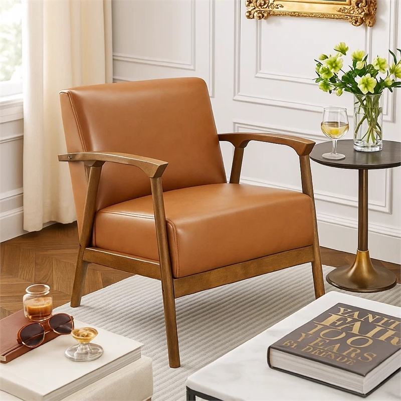 Eva Accent Chair- Foam Fill Cushions- Brown Faux Leather and Wood Frame