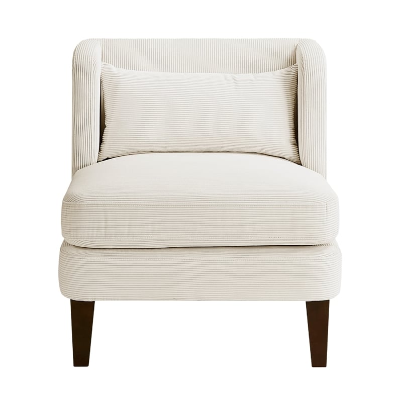 Feya Accent Chair w Lumbar Pillow- Channeled Beige Corduroy- Brown Legs