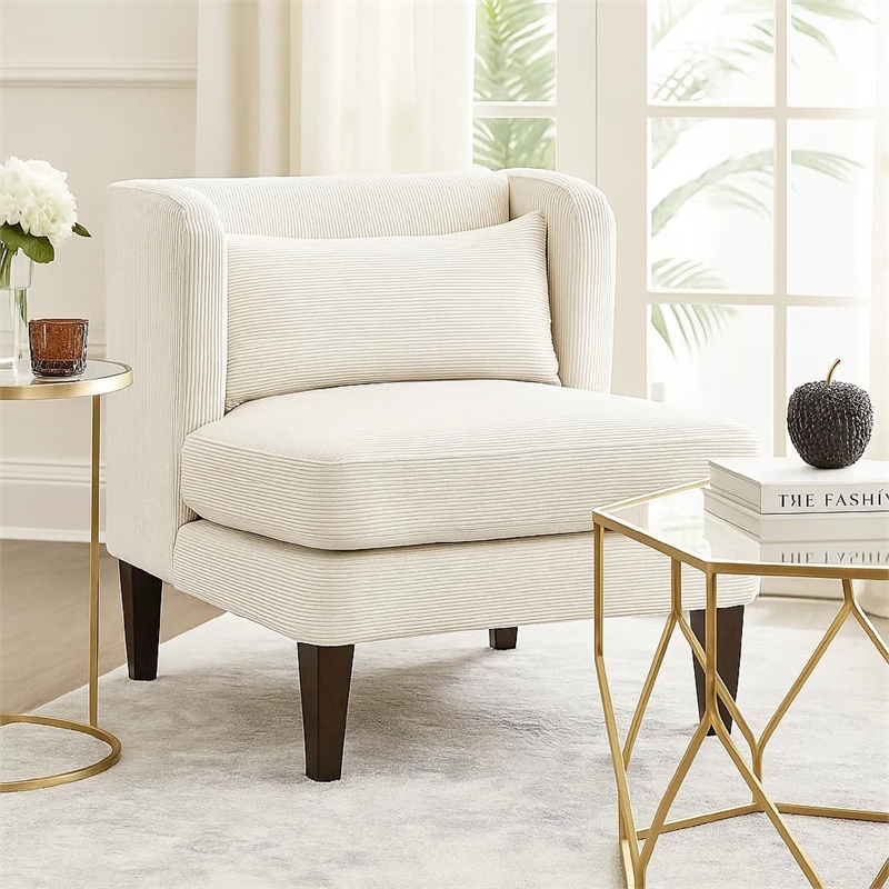 Feya Accent Chair w Lumbar Pillow- Channeled Beige Corduroy- Brown Legs