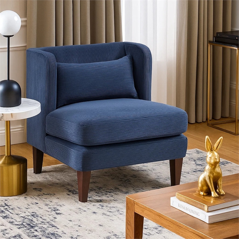 Feya Accent Chair w Lumbar Pillow- Channeled Blue Corduroy- Brown Legs