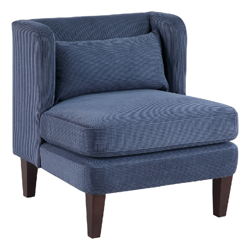 Feya Accent Chair w Lumbar Pillow- Channeled Blue Corduroy- Brown Legs