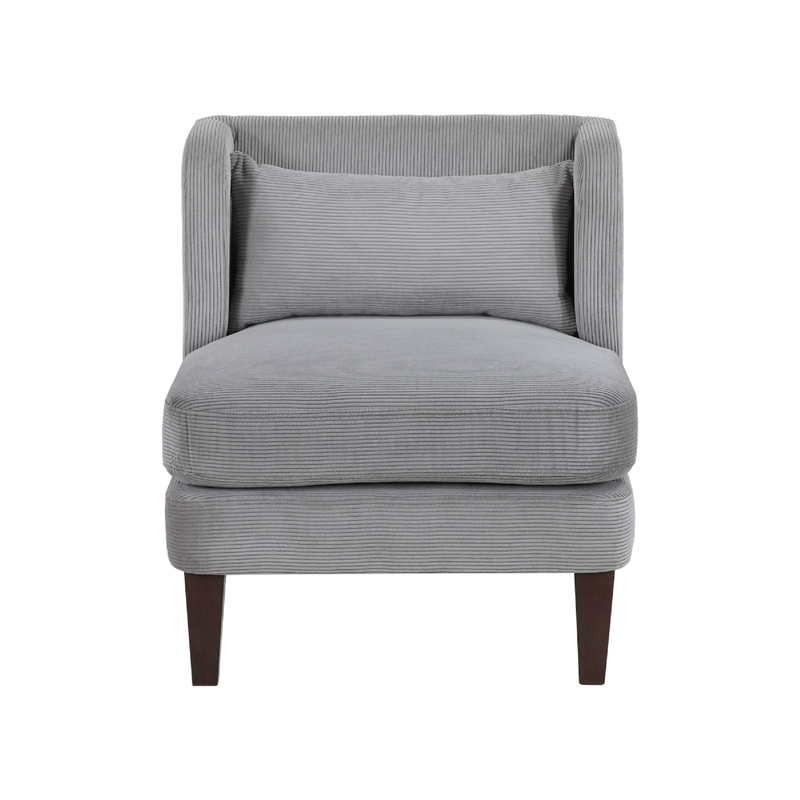 Feya Accent Chair w Pillow- Channeled Dark Gray Corduroy- Brown Legs