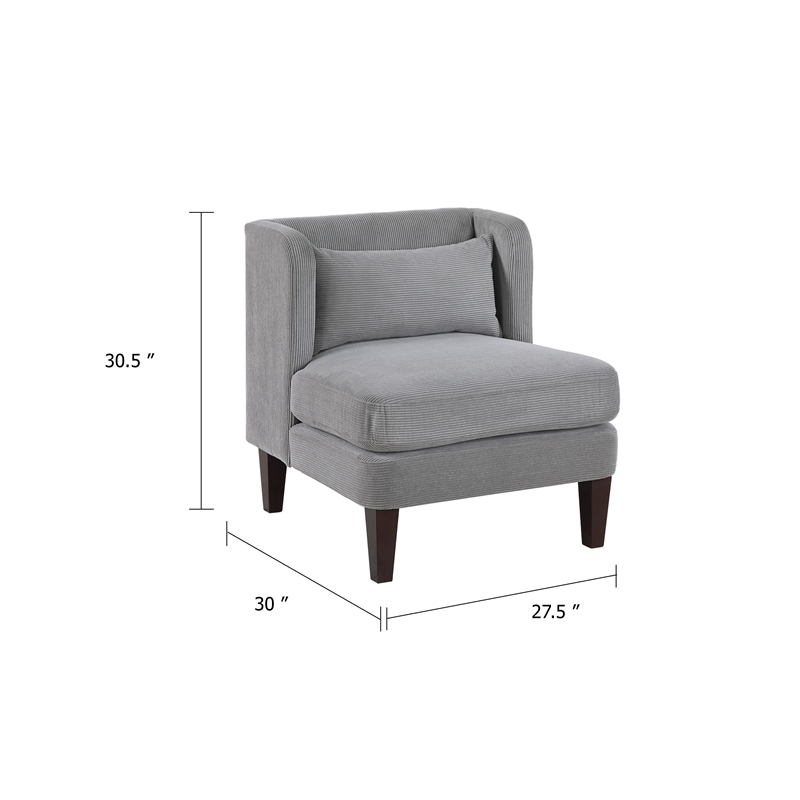 Feya Accent Chair w Pillow- Channeled Dark Gray Corduroy- Brown Legs