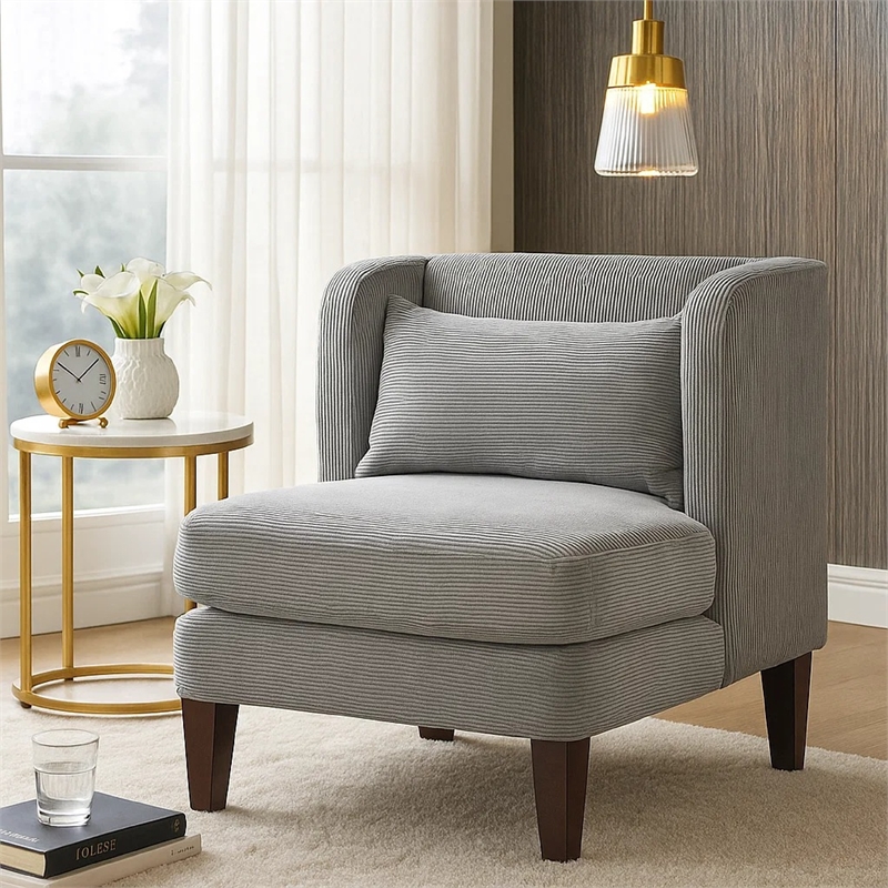 Feya Accent Chair w Pillow- Channeled Dark Gray Corduroy- Brown Legs
