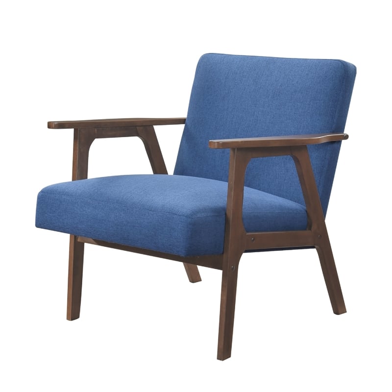 Cathy Accent Chair- Blue Polyester Cushions- Walnut Brown Rubberwood