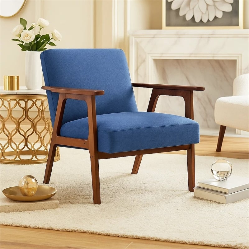 Cathy Accent Chair- Blue Polyester Cushions- Walnut Brown Rubberwood