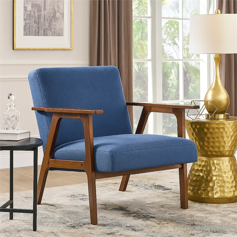 Cathy Accent Chair- Blue Polyester Cushions- Walnut Brown Rubberwood