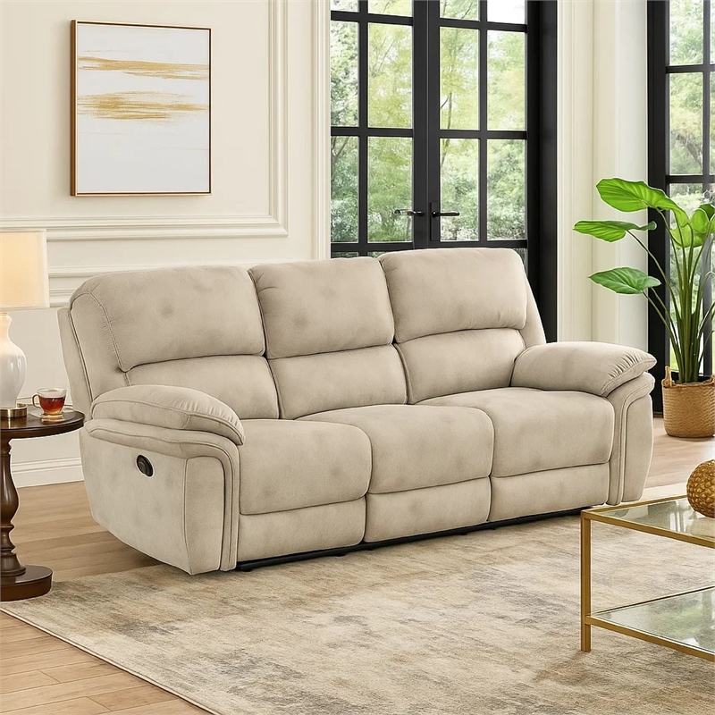 Tony Manual Reclining Sofa- Plush Sand Brown Microfiber and Foam