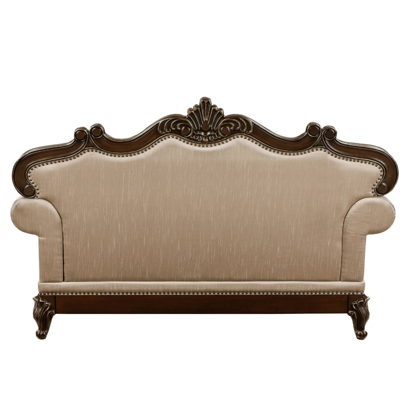 Hesar Loveseat- 4 Pillows- Vintage Style Chenille Tufted- Cherry Brown Wood