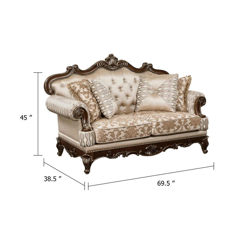 Hesar Loveseat- 4 Pillows- Vintage Style Chenille Tufted- Cherry Brown Wood