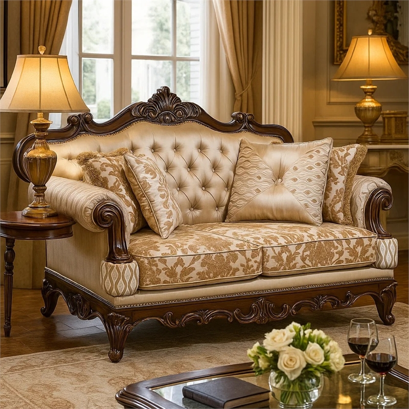 Hesar Loveseat- 4 Pillows- Vintage Style Chenille Tufted- Cherry Brown Wood