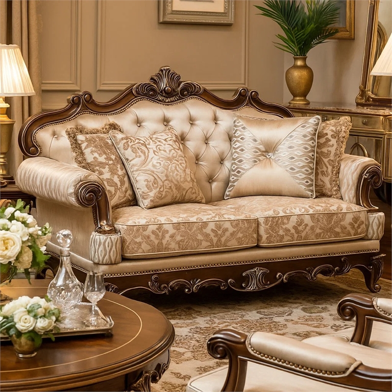 Hesar Loveseat- 4 Pillows- Vintage Style Chenille Tufted- Cherry Brown Wood