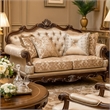 Hesar Loveseat- 4 Pillows- Vintage Style Chenille Tufted- Cherry Brown Wood