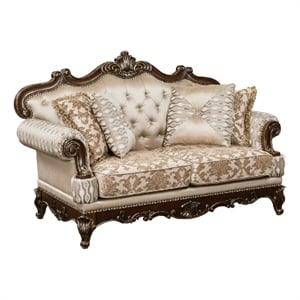 Hesar Loveseat- 4 Pillows- Vintage Style Chenille Tufted- Cherry Brown Wood