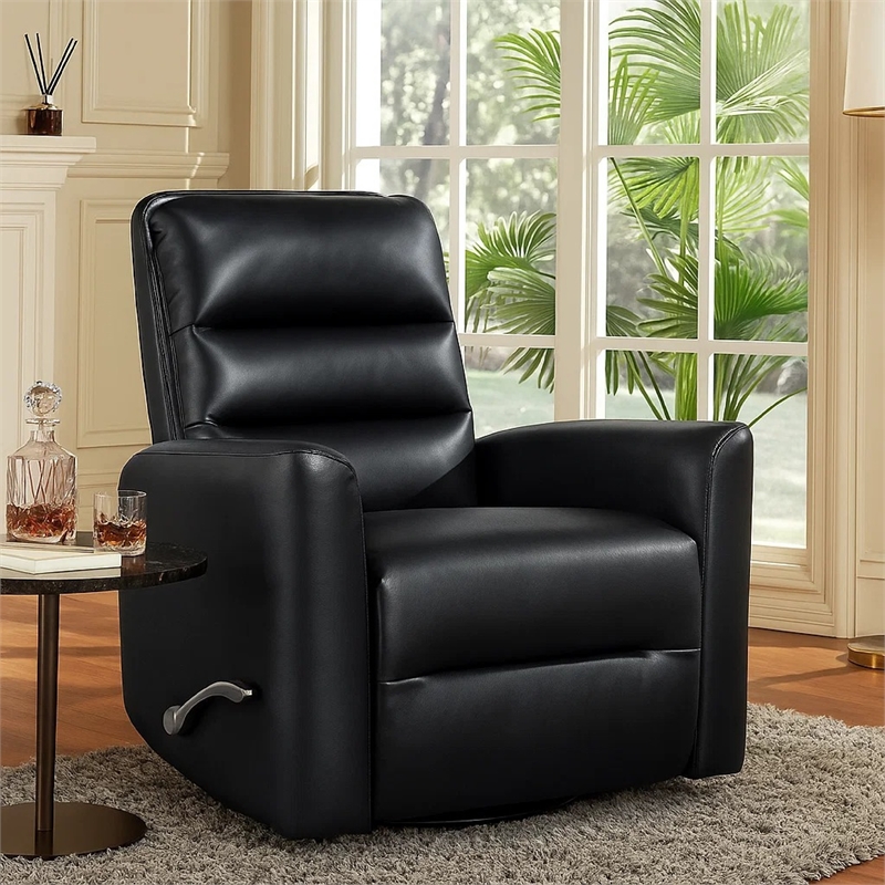 Demy Swivel Glider Manual Reclining Chair- Black Faux Leather Cushions